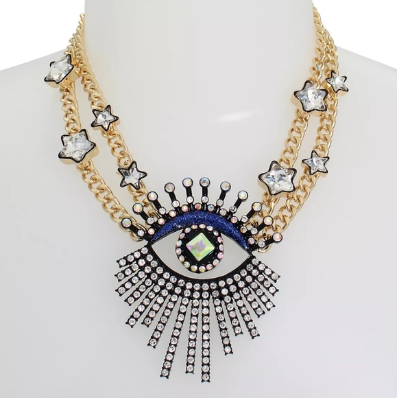 New! BETSEY JOHNSON Shine Bright Collection Evil Eye & Stars Statement Necklace. - Picture 3 of 12